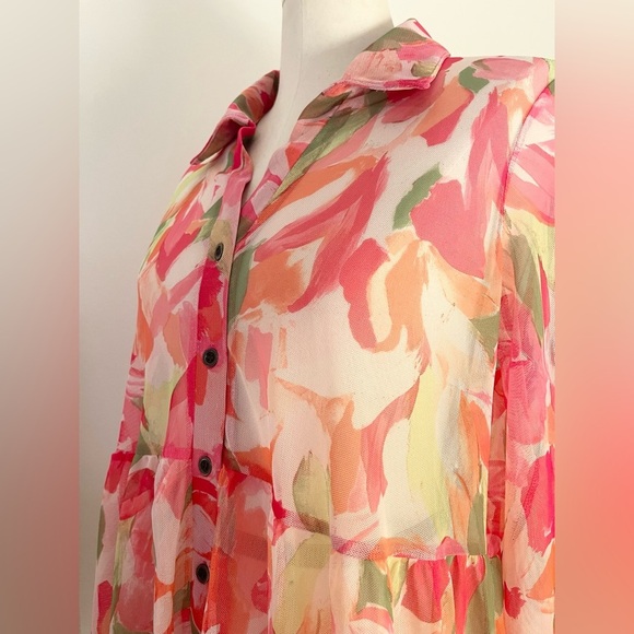 Terra & Sky Pink Floral Pink & Green Sheer Button Down Tunic | Size 0X - Picture 5 of 9